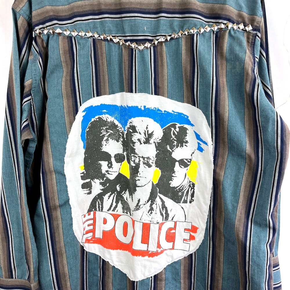 Unisex UPCYCLED Police Band Tee Western Pearl Snap XL Grunge Hippie Rockabilly - Picture 2 of 6